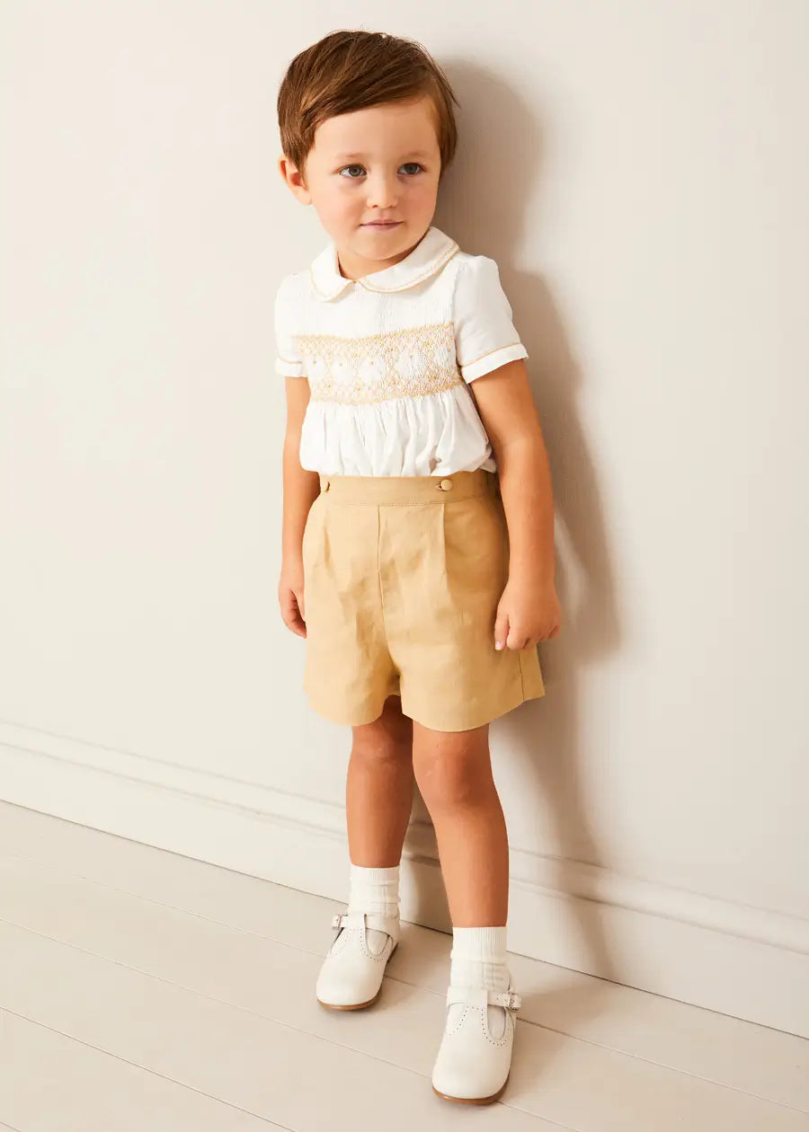 Hand Smocked Peter Pan Collar Short Sleeve Two Piece Set in Beige (18mths-6yrs) TWO PIECE SETS from Pepa London