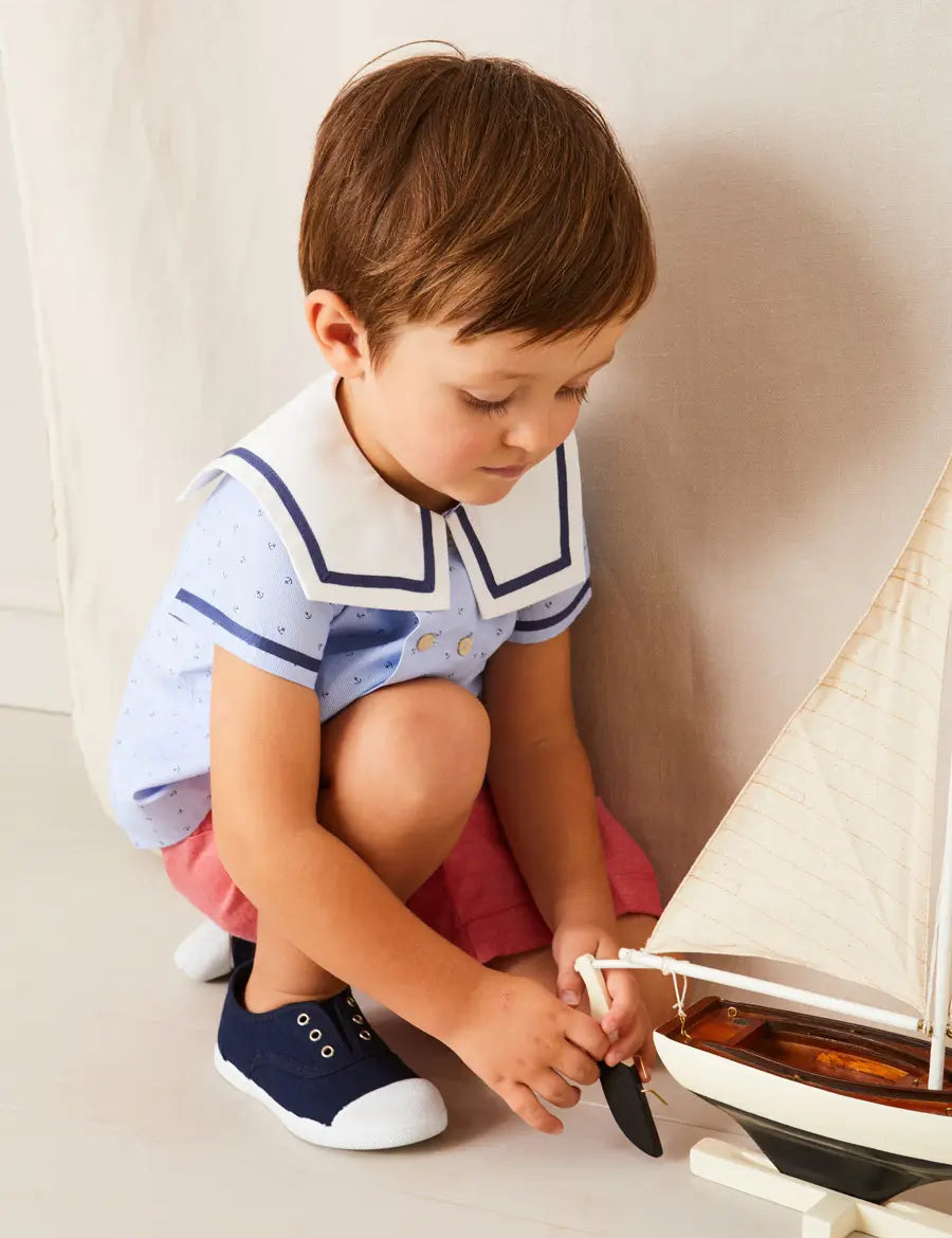 Lyall Stripe Anchor Motif Mariner Collar Short Sleeve Shirt in Blue (12mths-6yrs) SHIRTS from Pepa London