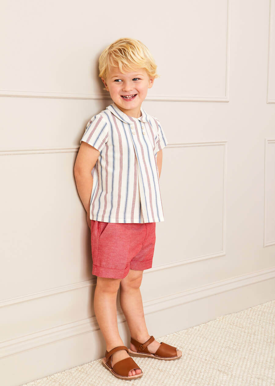 Striped Polo Collar Short Sleeve Shirt in Red (12mths-4yrs) Shirts  from Pepa London