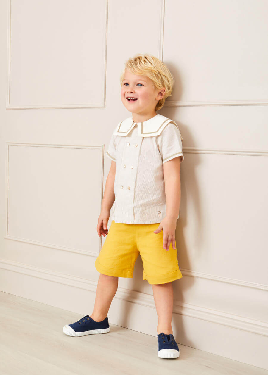 Striped Mariner Collar Short Sleeve Shirt in Beige (12mths-6yrs) Shirts from Pepa London