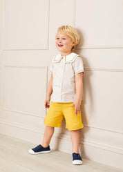Striped Mariner Collar Short Sleeve Shirt in Beige (12mths-6yrs) Shirts from Pepa London