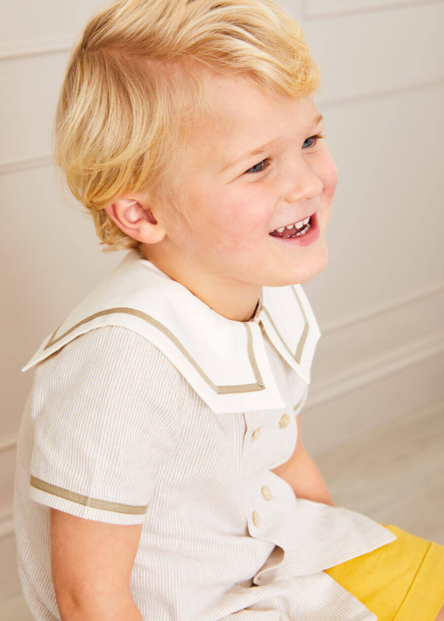 Striped Mariner Collar Short Sleeve Shirt in Beige (12mths-6yrs) Shirts from Pepa London