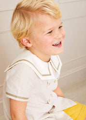 Striped Mariner Collar Short Sleeve Shirt in Beige (12mths-6yrs) Shirts from Pepa London