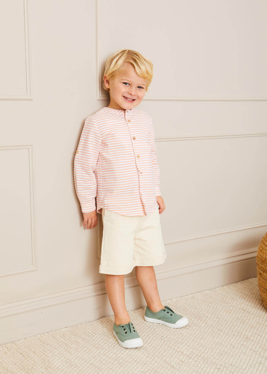 Striped Mao Collar Long Sleeve Shirt in Tangerine (2-10yrs) Shirts  from Pepa London