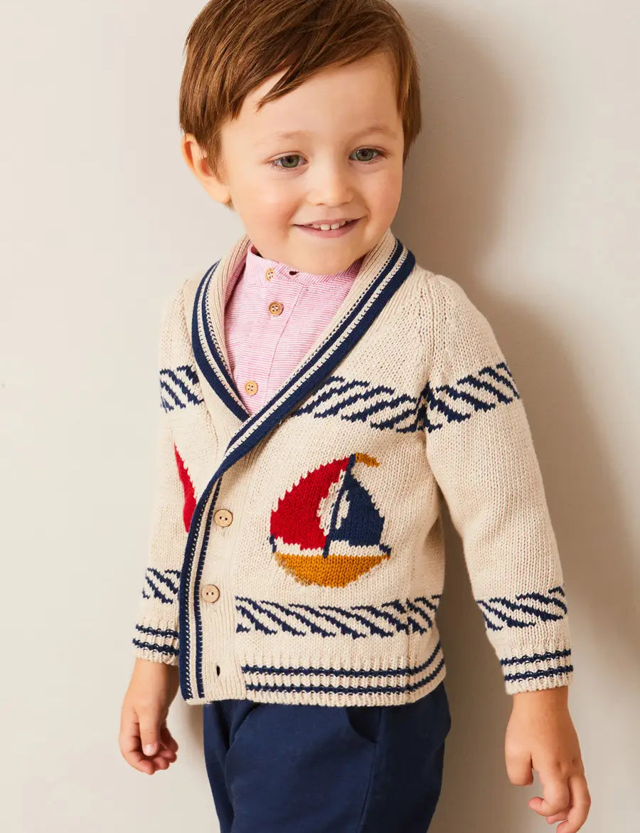 Boat Motif Shawl Neck Nautical Cardigan in Beige (2-10yrs) KNITWEAR from Pepa London