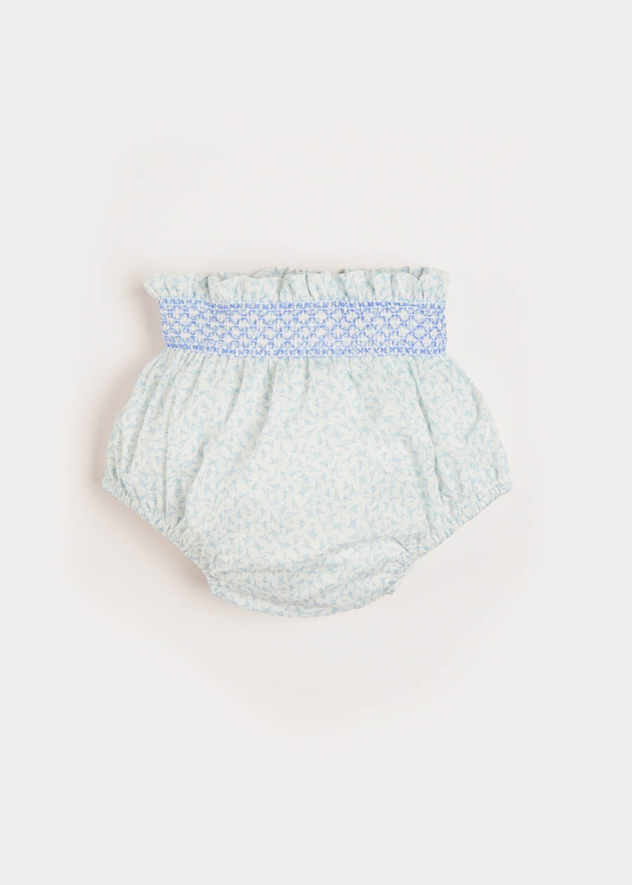 Elsie Floral Print Bloomers With Smocked Waistband in Blue (1-6mths) Bloomers  from Pepa London