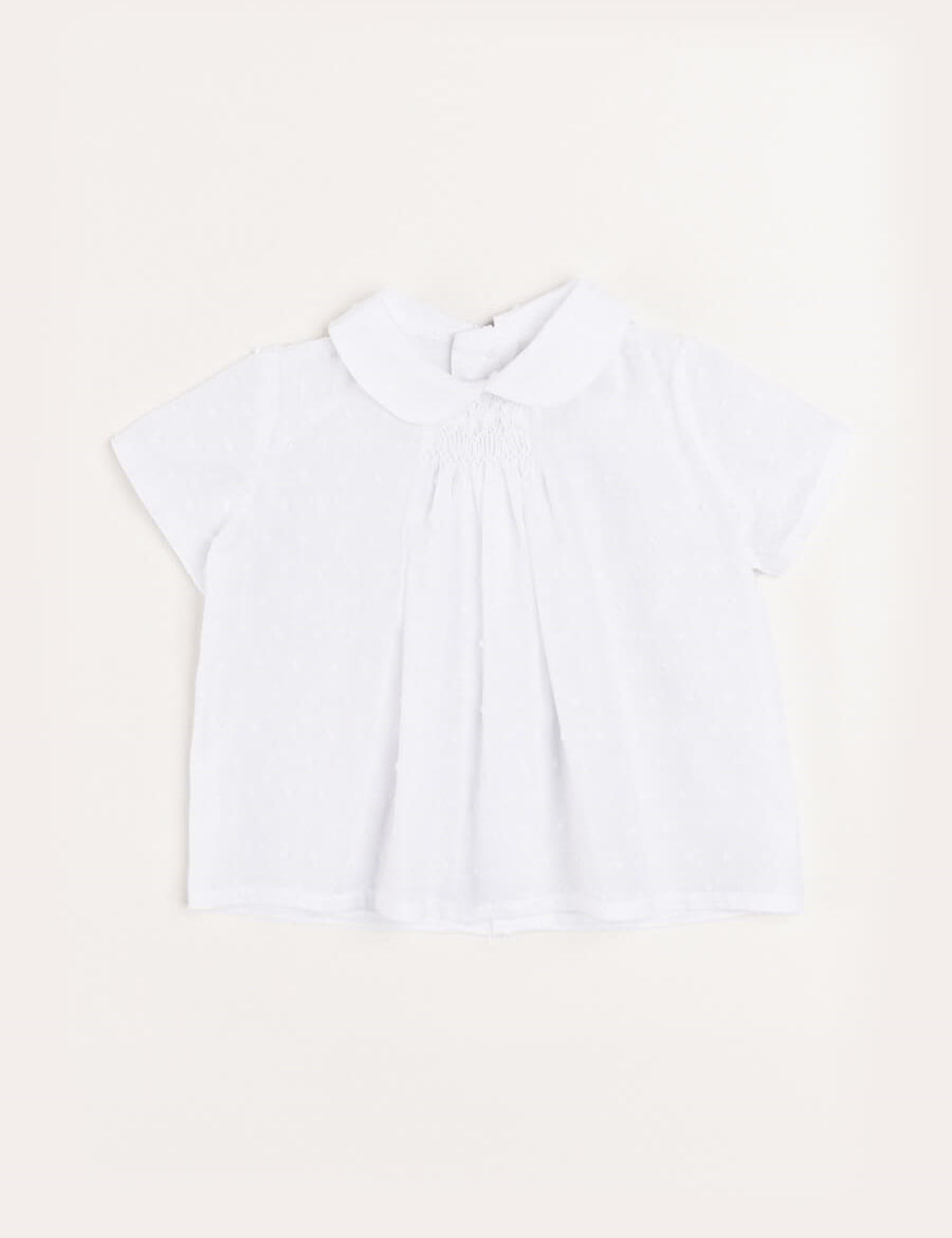 Plumetti Hand Smocked Short Sleeve Blouse in White (1-6mths) Blouses  from Pepa London