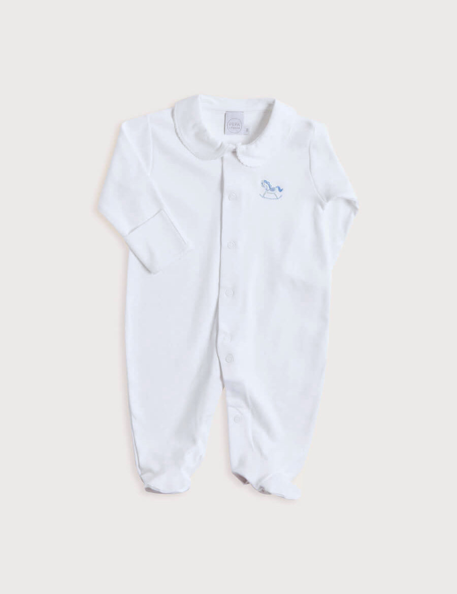 Newborn All-In-One With Rocking Horse Embroidery In Blue (1-6mths) Tops & Bodysuits  from Pepa London