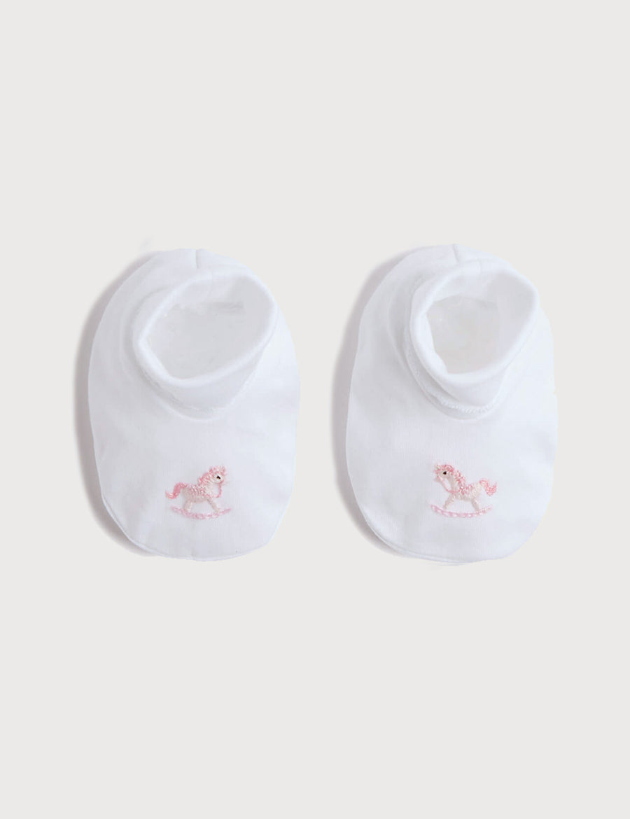 Newborn Booties With Rocking Horse Embroidery Pink (1-3mths) Knitted Accessories  from Pepa London