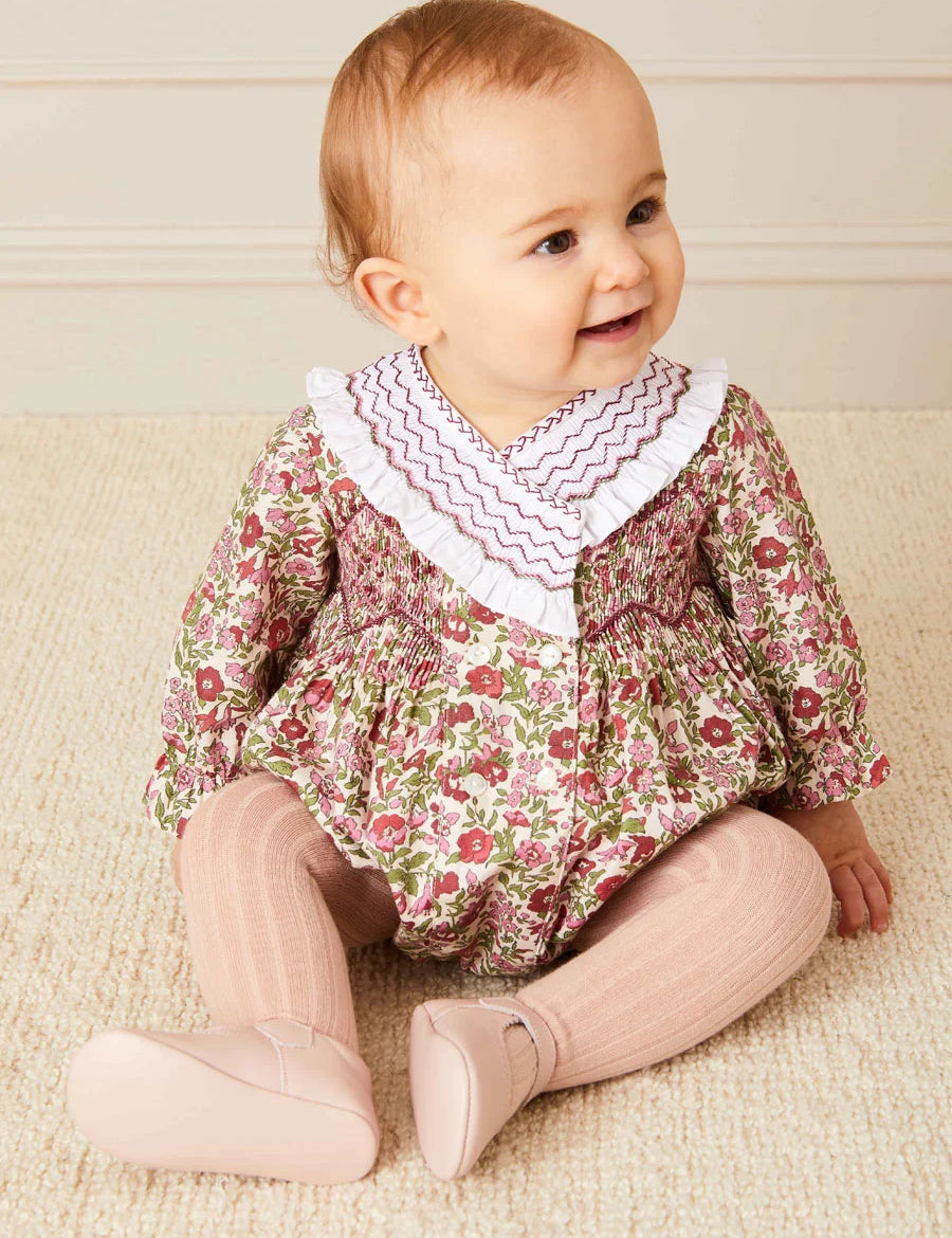 Daphne Floral Hand Smocked Romper in Pink (6mths-2yrs) Rompers  from Pepa London