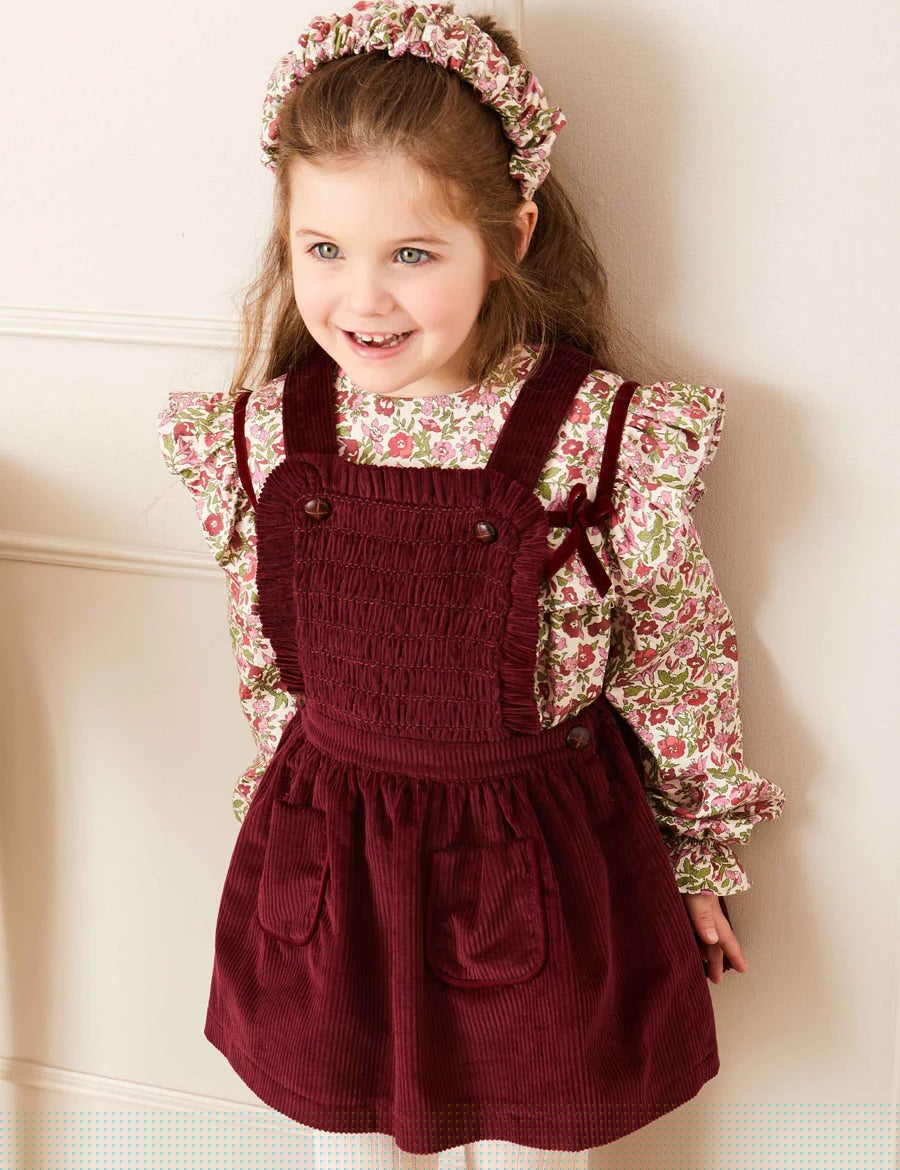Corduroy Frill Detail Skirt with Braces in Burgundy (12mths-3yrs) Skirts  from Pepa London