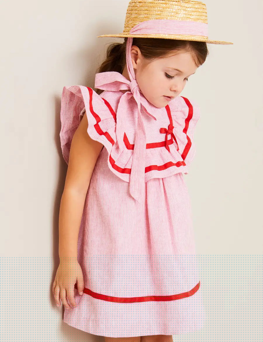 Lawrence Striped Ruffle Bib Sleeveless Dress in Red (12mths-8yrs) DRESSES from Pepa London