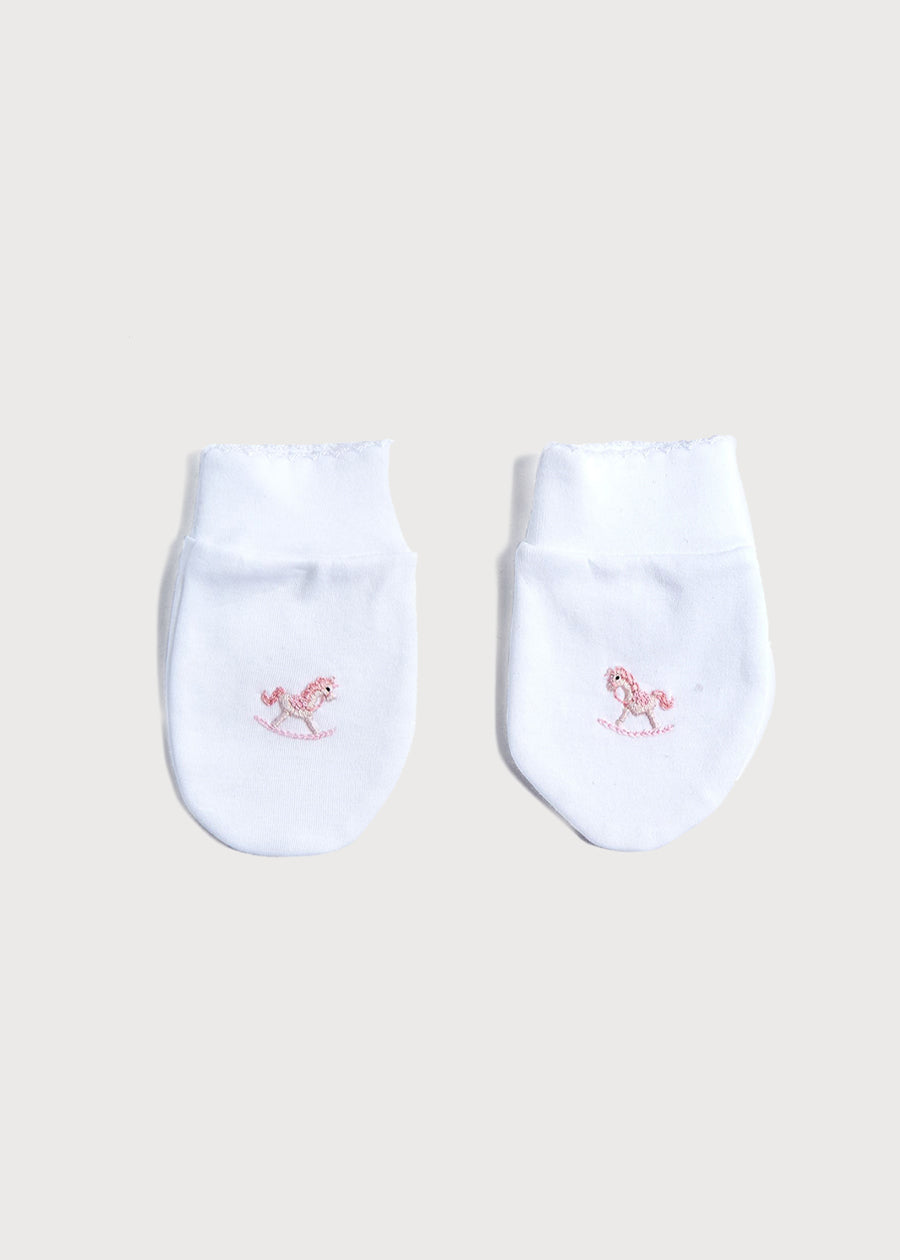 Old Newborn Mittens with Rocking Horse Embroidery Pink (0-3mths) Accessories  from Pepa London