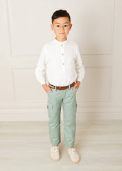Linen Mao Collar Long Sleeve Shirt in White (12mths-10yrs) Shirts  from Pepa London