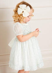 Constance Floral Print Hand Smocked Short Sleeve Party Dress in Light Green (12m-10yrs) Dresses from Pepa London