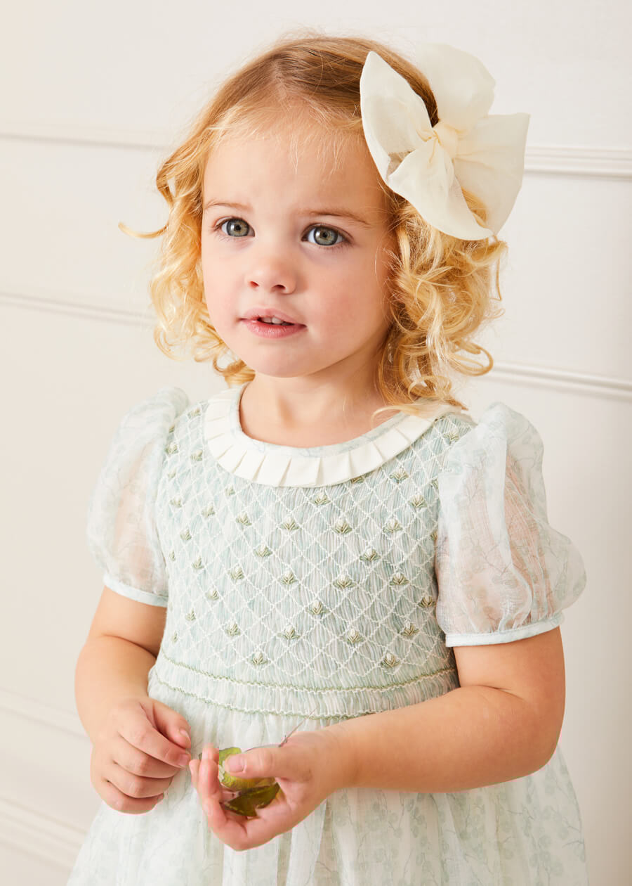 Constance Floral Print Hand Smocked Short Sleeve Party Dress in Light Green (12m-10yrs) Dresses from Pepa London