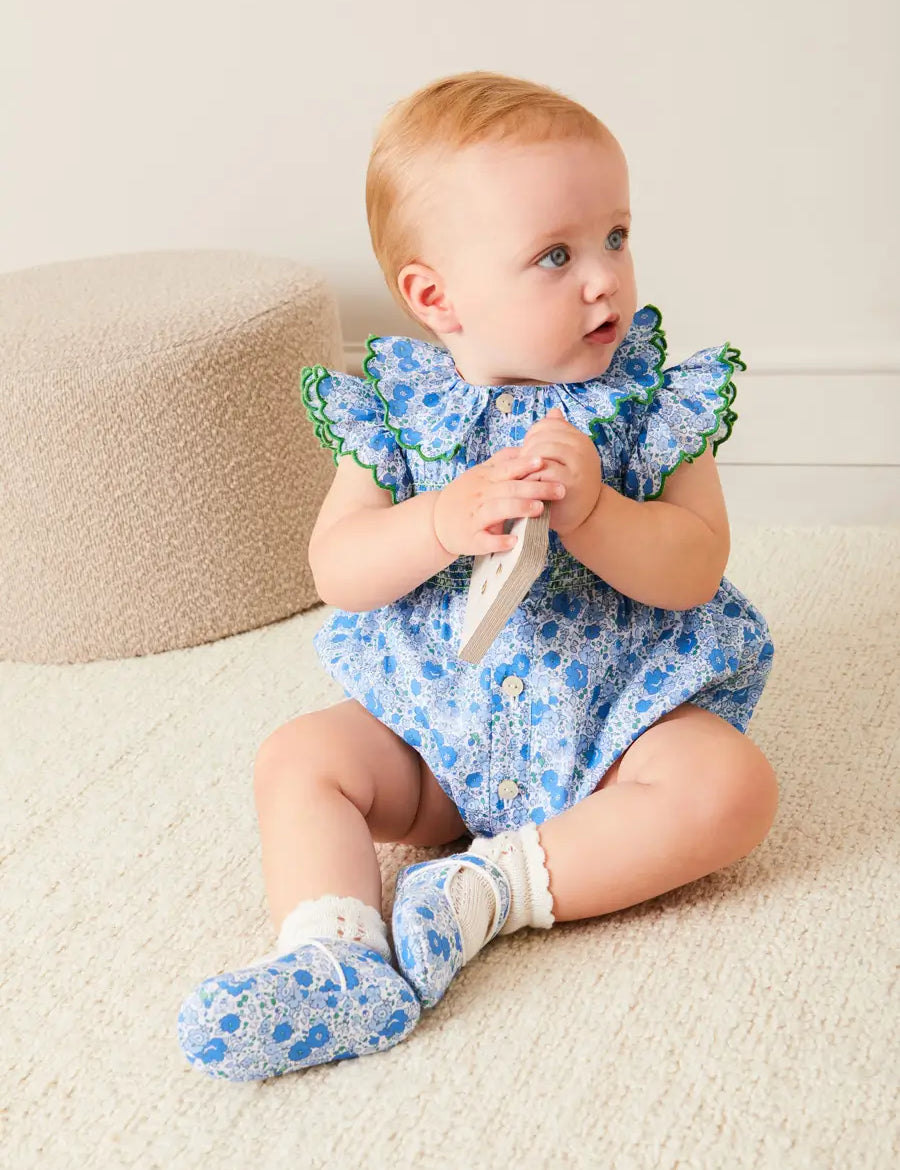 Olivia Floral Smocked Ruffle Collar Sleeveless Romper in Blue (6mths-2yrs) ROMPERS from Pepa London
