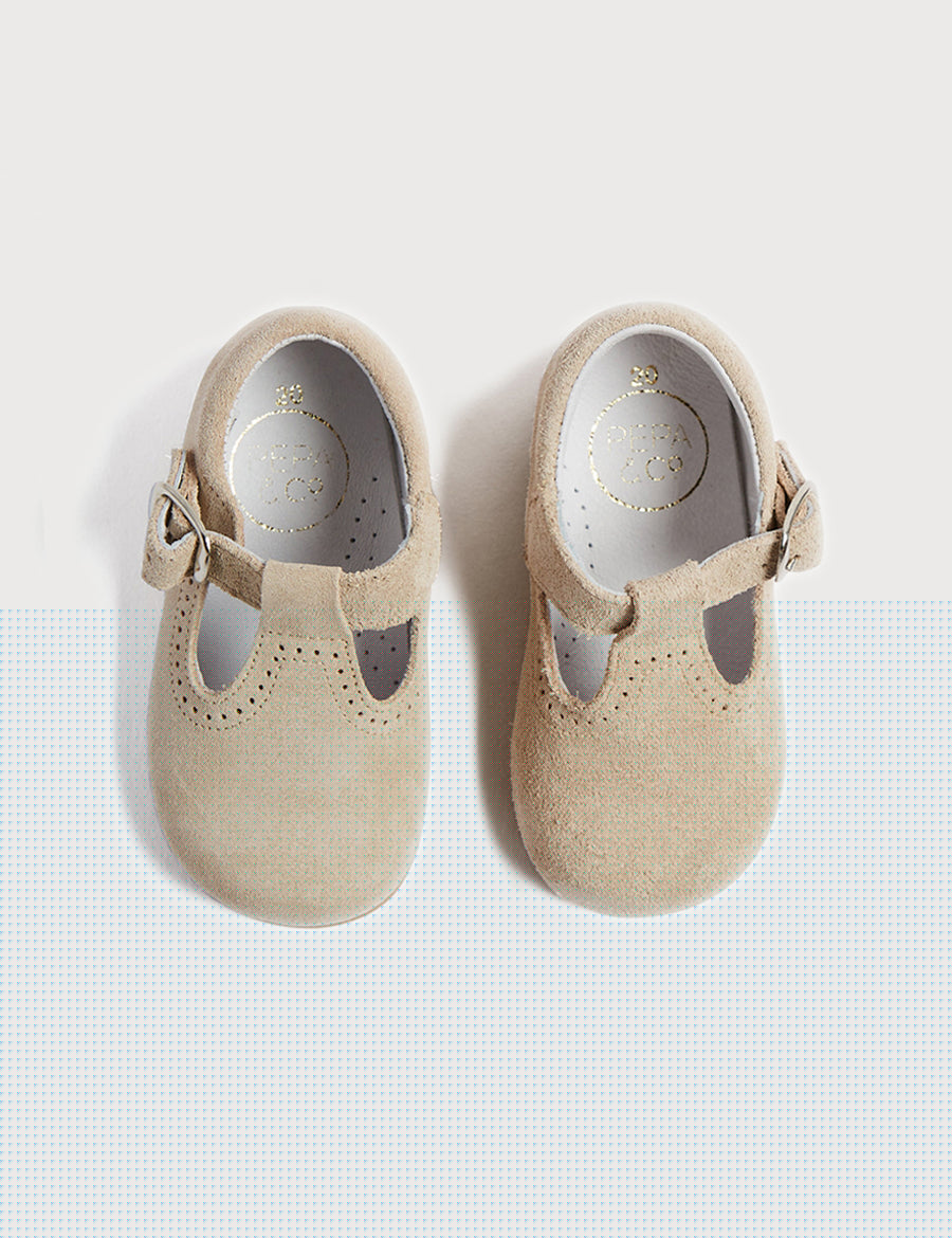 T-Bar Suede Baby Shoes in Beige (20-24EU) Shoes  from Pepa London