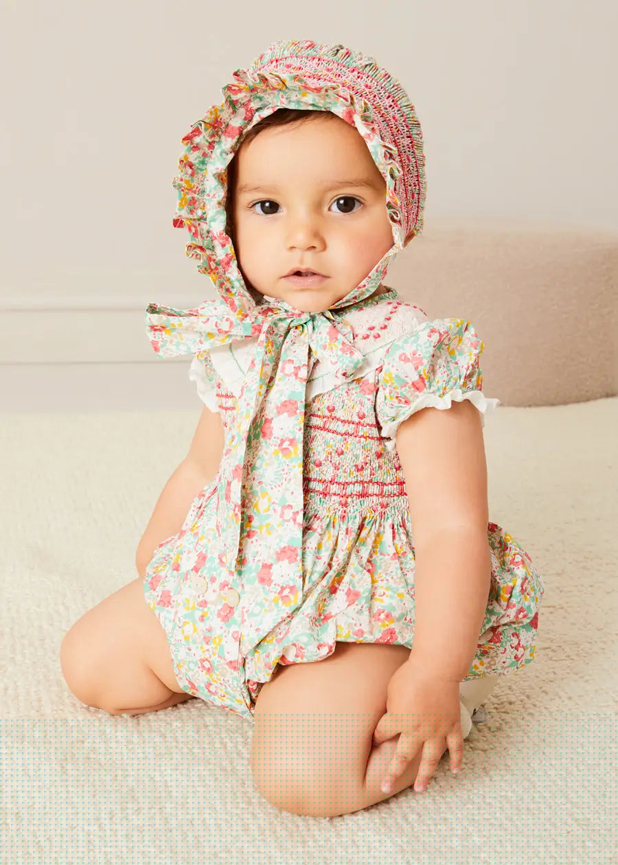 Clementine Floral Hand Smocked Double Breasted Short Sleeve Romper in Coral (6mths-3yrs) ROMPERS from Pepa London