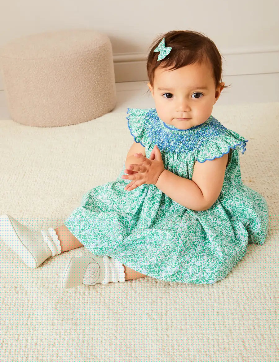 Adelaide Floral Hand Smocked Sleeveless Dress With Bloomers in Green (3mths-3yrs) DRESSES from Pepa London