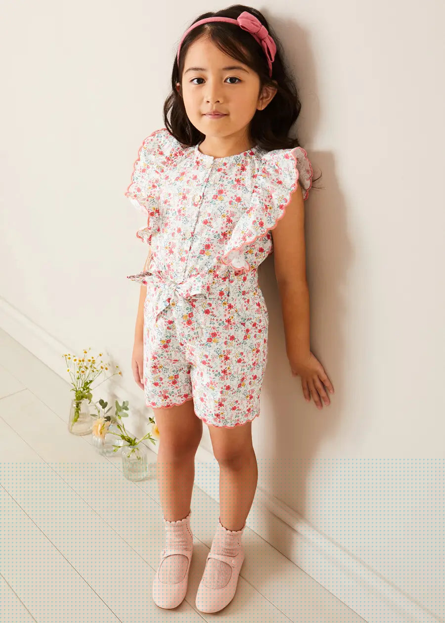 Louisa Floral Ruffle Detail Playsuit in Pink (4-12yrs) DUNGAREES from Pepa London