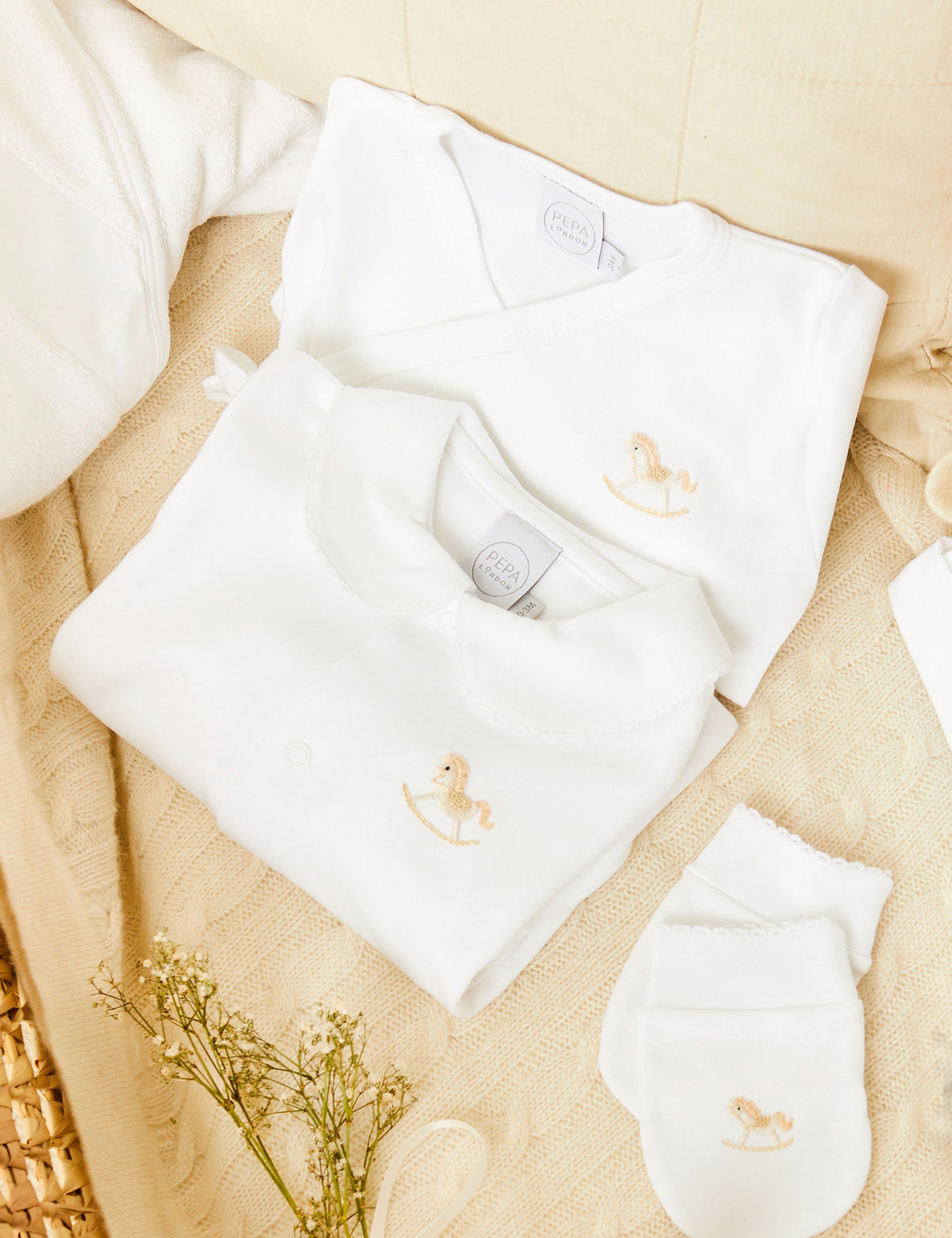 Newborn Side Tie Bodysuit With Rocking Horse Embroidery Beige (1-6mths) Tops & Bodysuits  from Pepa London