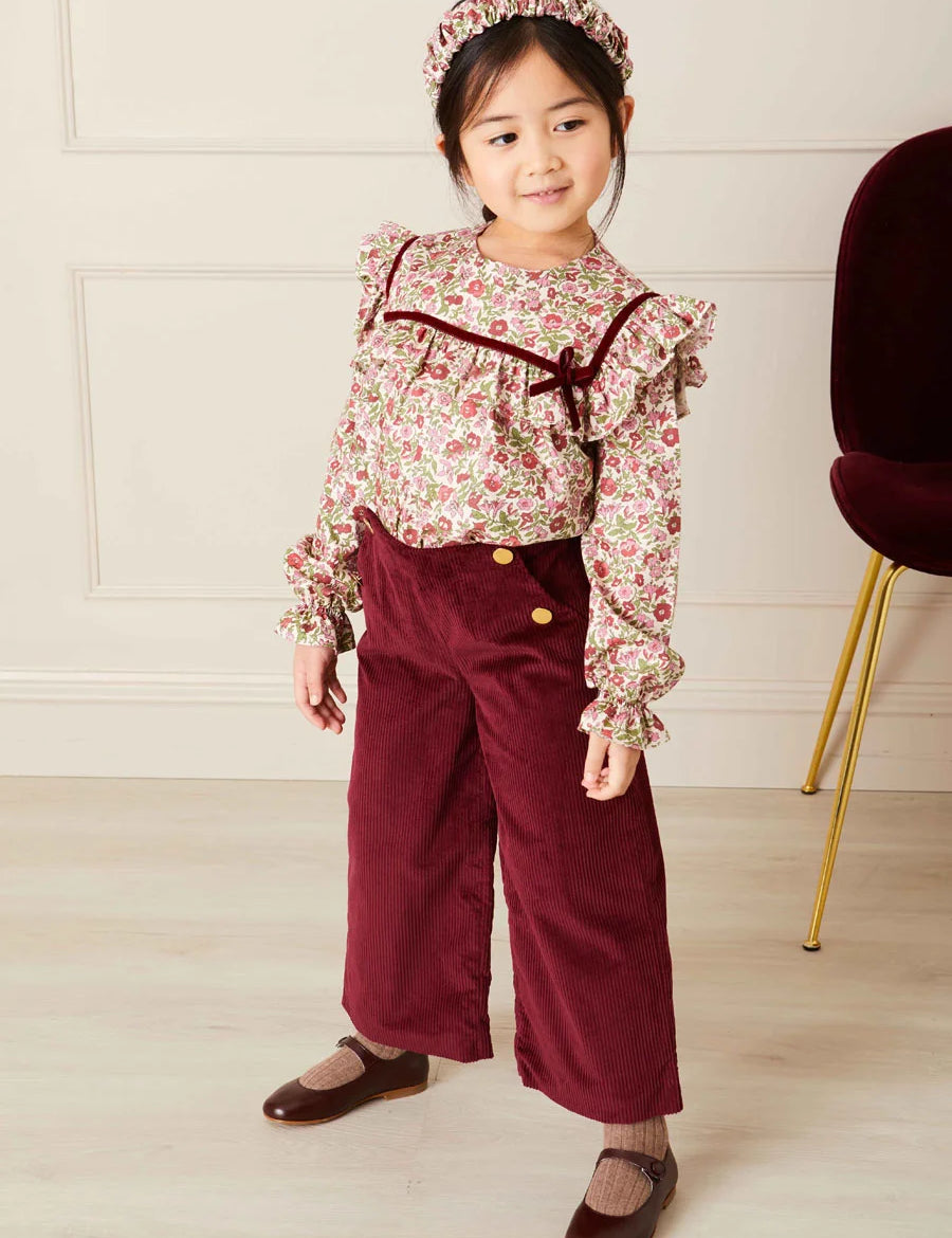 Corduroy Wide Leg Gold Button Trousers in Burgundy (4-10yrs) Trousers  from Pepa London