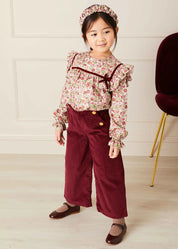 Corduroy Wide Leg Gold Button Trousers in Burgundy (4-10yrs) Trousers  from Pepa London