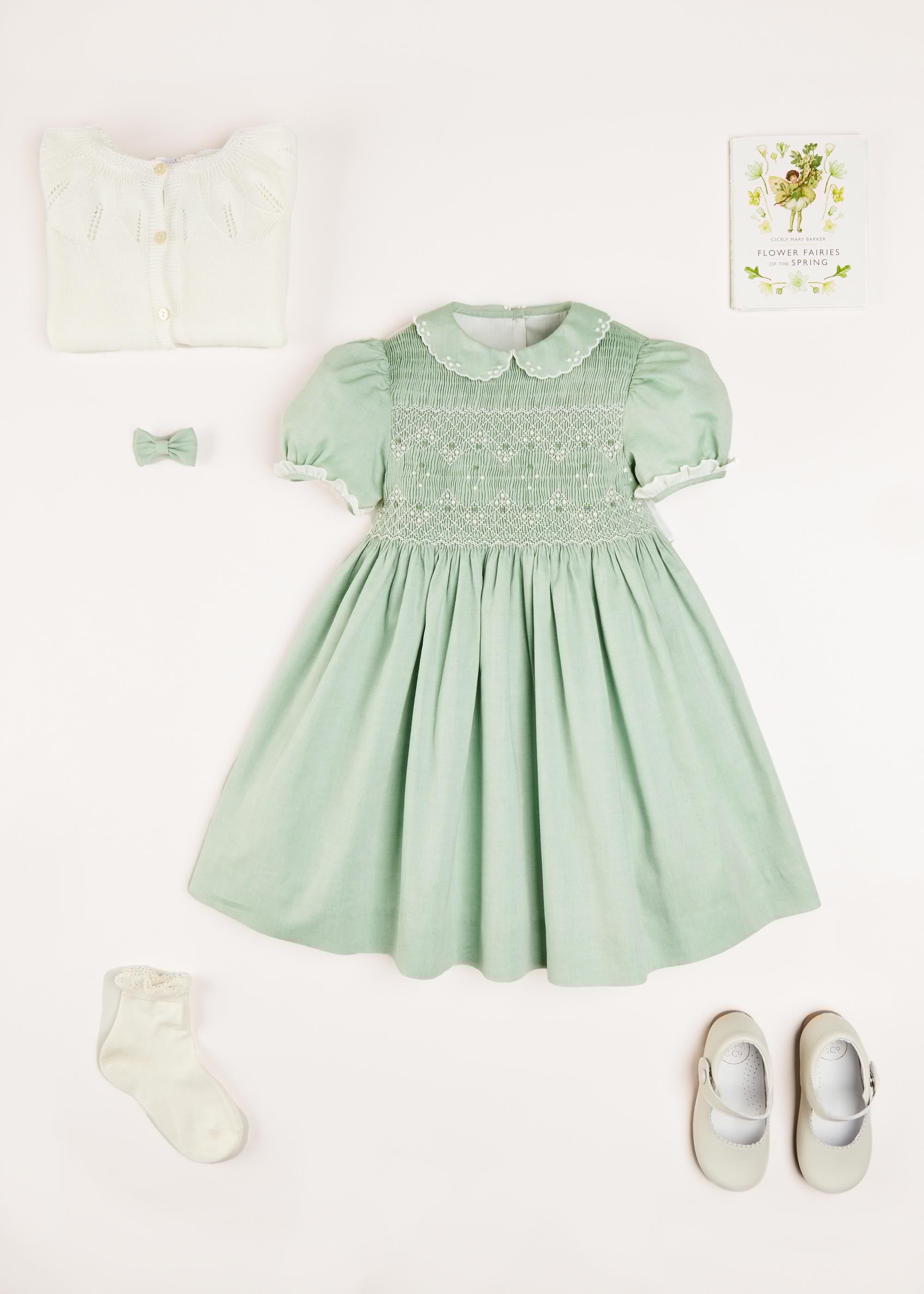 Hand Smocked Peter Pan Collar Short Sleeve Dress in Green (12mths-10yrs) Dresses  from Pepa London