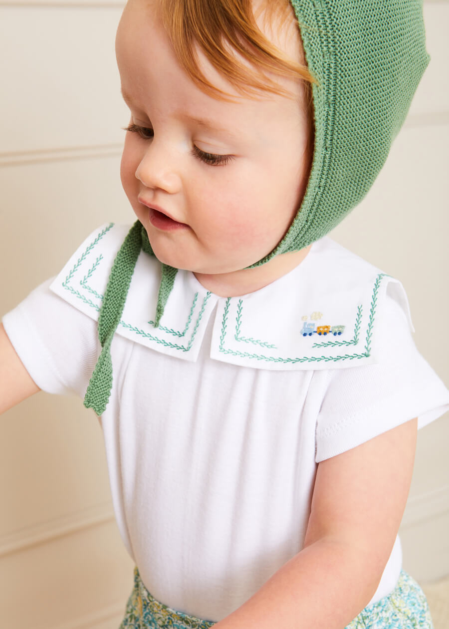 Train Embroidery Statement Collar Short Sleeve Bodysuit in Green (3mths-2yrs) Tops & Bodysuits  from Pepa London