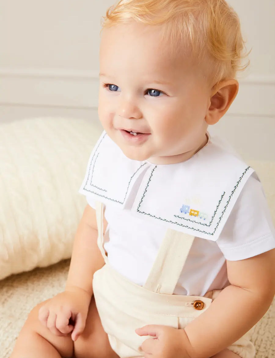 Train Embroidery Statement Collar Short Sleeve Bodysuit in Green (3mths-2yrs) Tops & Bodysuits from Pepa London