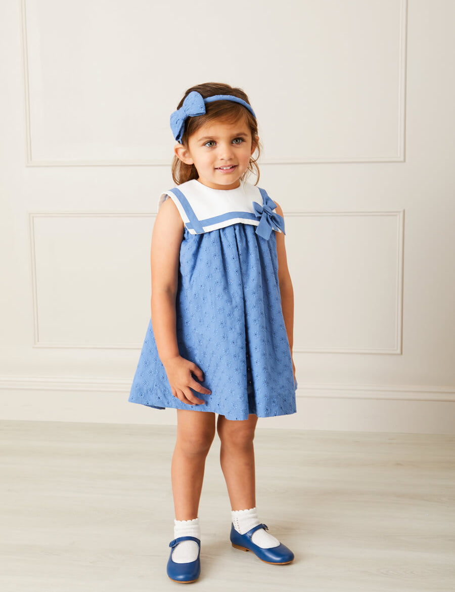 Broderie Anglaise Medium Bow Headband in Blue Hair Accessories  from Pepa London