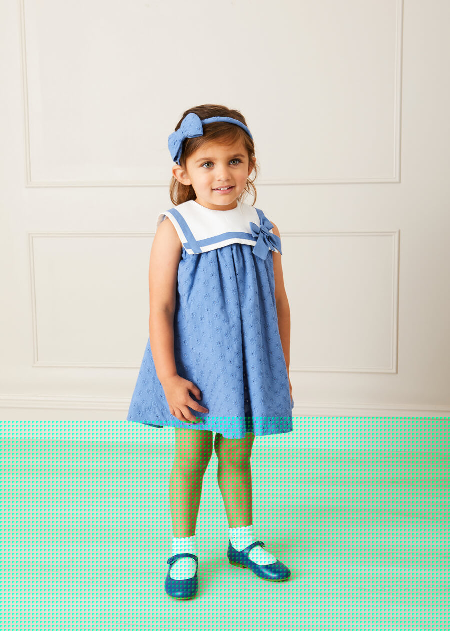 Broderie Anglaise Medium Bow Headband in Blue Hair Accessories  from Pepa London