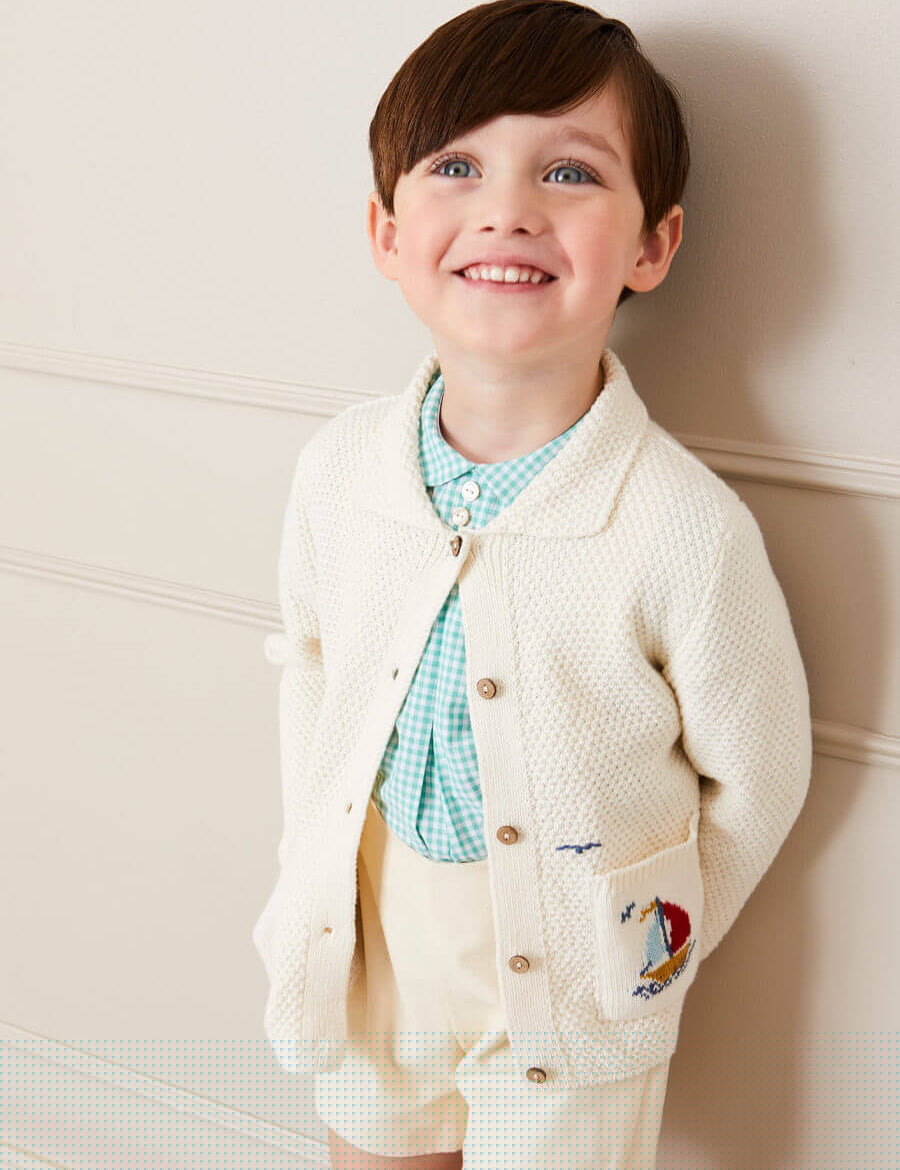 Nautical Boat Embroidery Polo Collar Cardigan in Cream (12mths-6yrs) Knitwear from Pepa London
