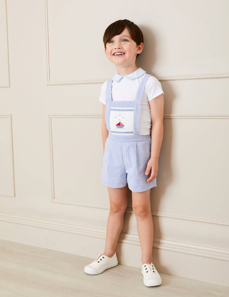 Nautical Striped Boat Embroidery Short Dungarees in Blue (18mths-4yrs) Dungarees  from Pepa London