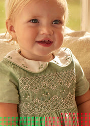 Peter Pan Collar Hand Smocked Short Sleeve Romper in Green (3mths-2yrs) Rompers from Pepa London