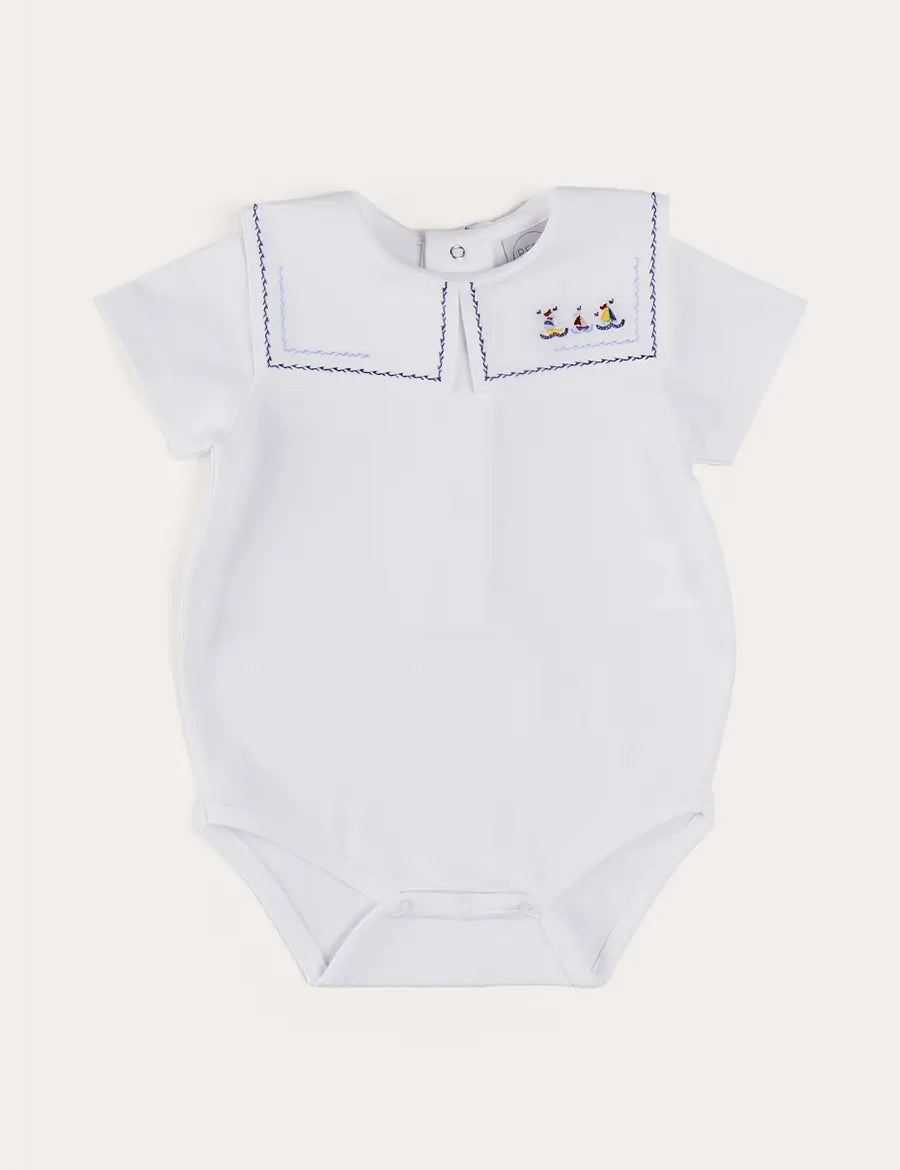 Boat Embroidery Statement Collar Short Sleeve Bodysuit in White (3mths-2yrs) TOPS & BODYSUITS from Pepa London