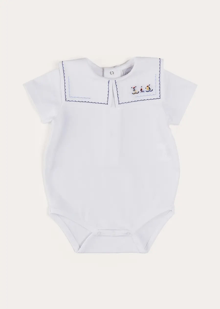 Boat Embroidery Statement Collar Short Sleeve Bodysuit in White (3mths-2yrs) TOPS & BODYSUITS from Pepa London