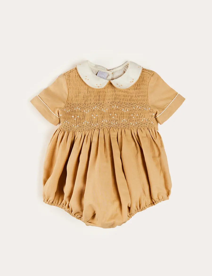 Peter Pan Collar Hand Smocked Short Sleeve Romper in Camel (6mths-2yrs) ROMPERS from Pepa London