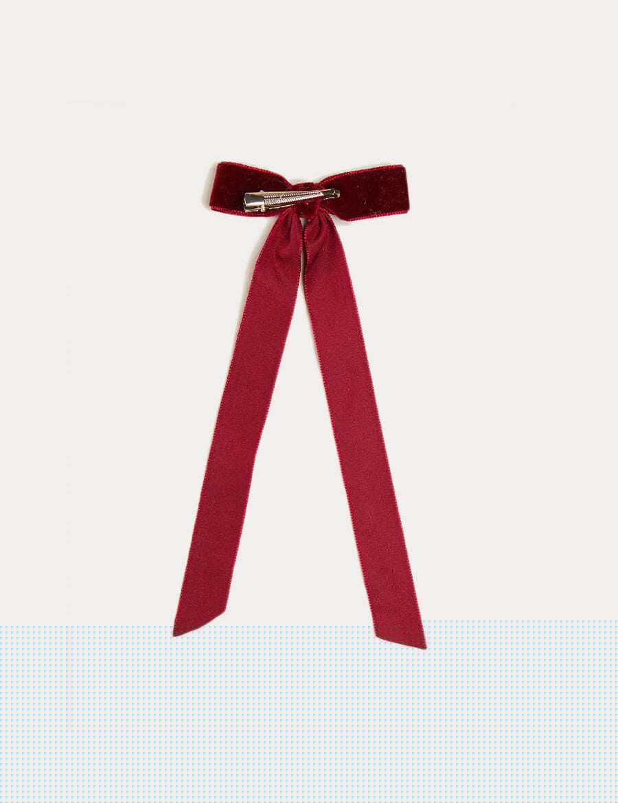 Velvet Long-Bow Clip in Burgundy Hair Accessories  from Pepa London