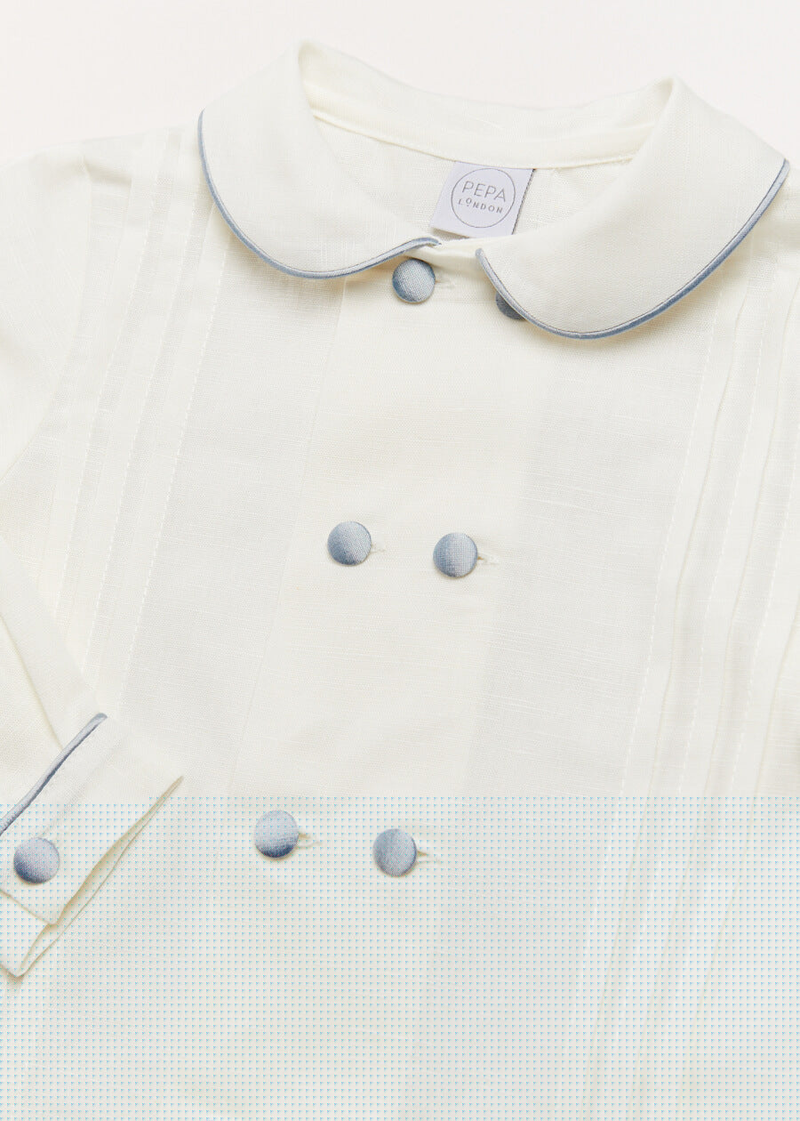 Double-Breasted Peter Pan Collar Long Sleeve Shirt with Blue Silk Piping (18mths-10yrs) Shirts from Pepa London