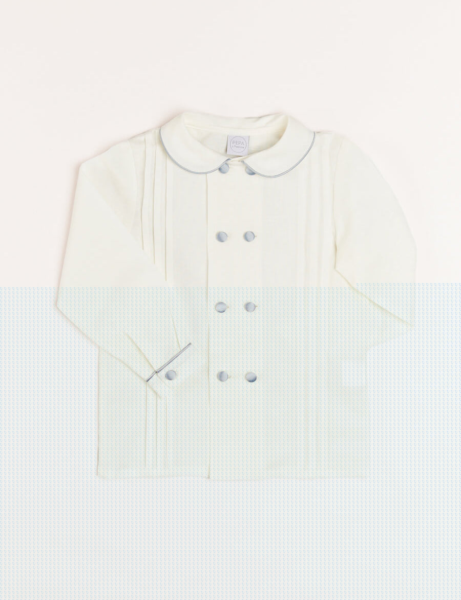 Double-Breasted Peter Pan Collar Long Sleeve Shirt with Blue Silk Piping (18mths-10yrs) Shirts from Pepa London