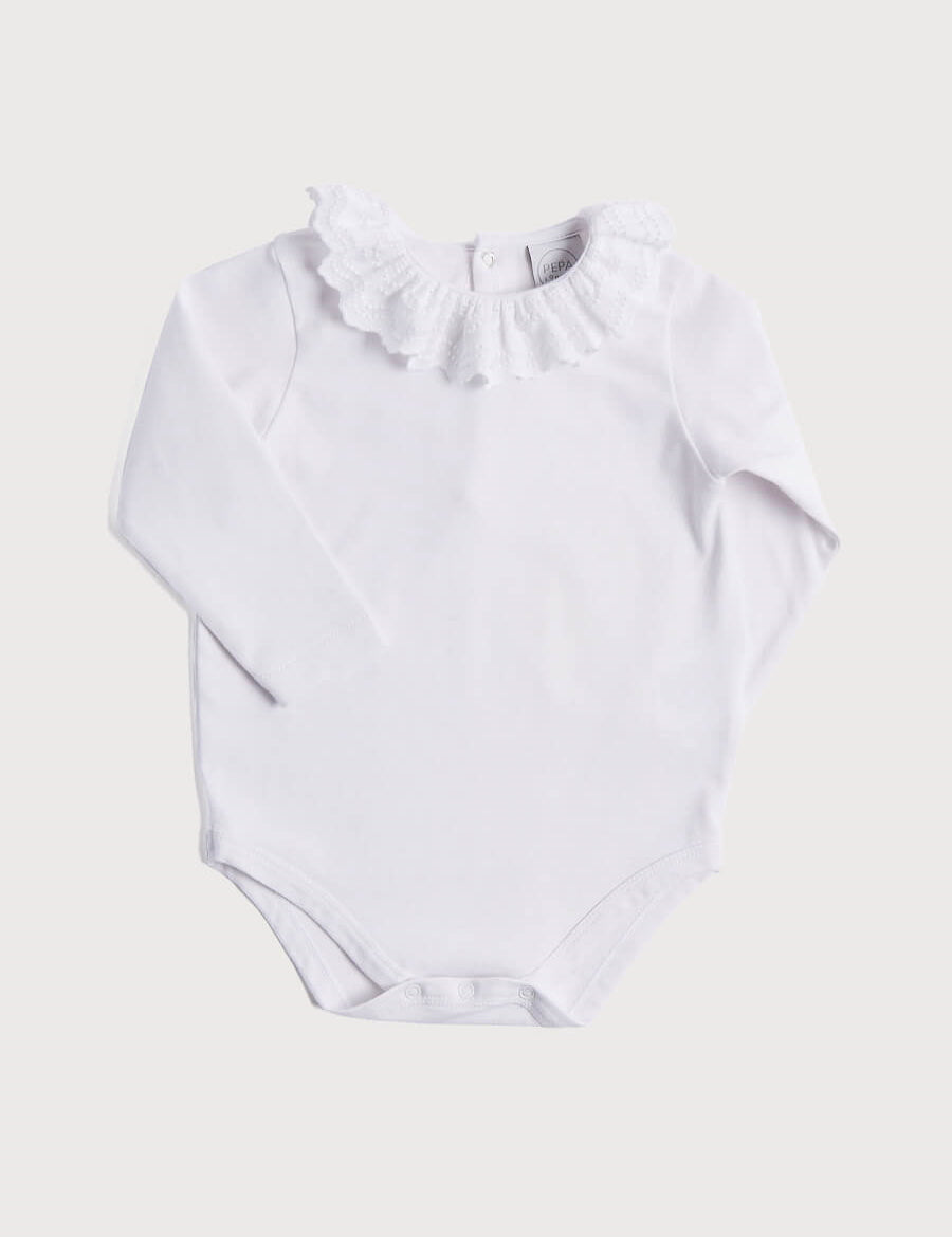Frill Collar Long Sleeve Bodysuit in White (0mths-3yrs) Tops & Bodysuits from Pepa London