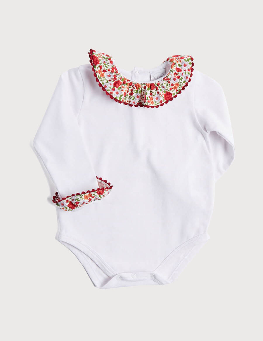 Burgundy Floral Print Frill Collar Bodysuit (0-2yrs) Tops & Bodysuits  from Pepa London