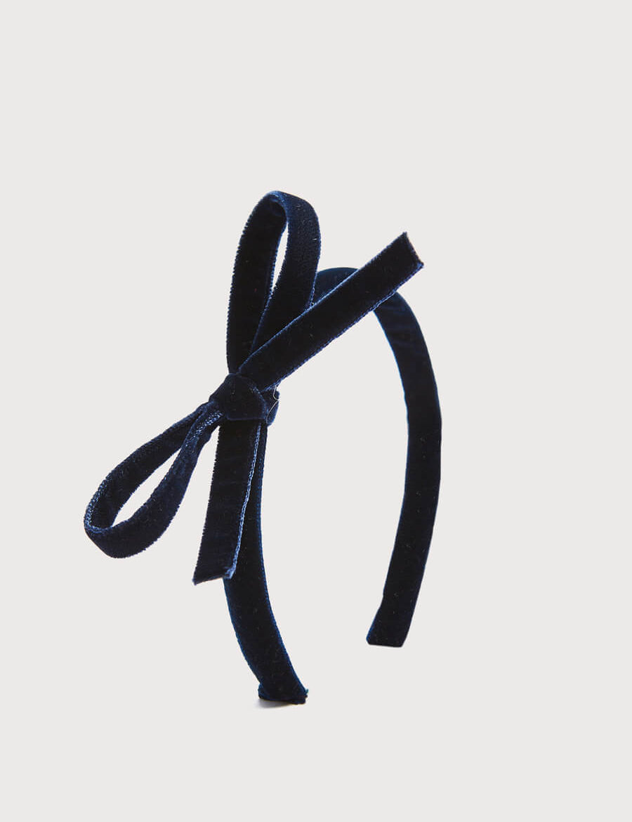 Velvet Hairband with Thin Navy Bow Hair Accessories  from Pepa London