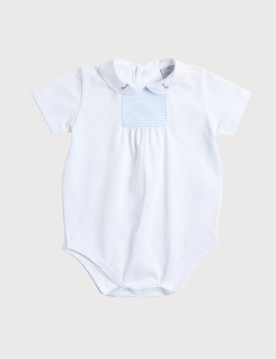 Giraffe Embroidered Collar Bodysuit in White (3mths-2yrs) Tops & Bodysuits  from Pepa London