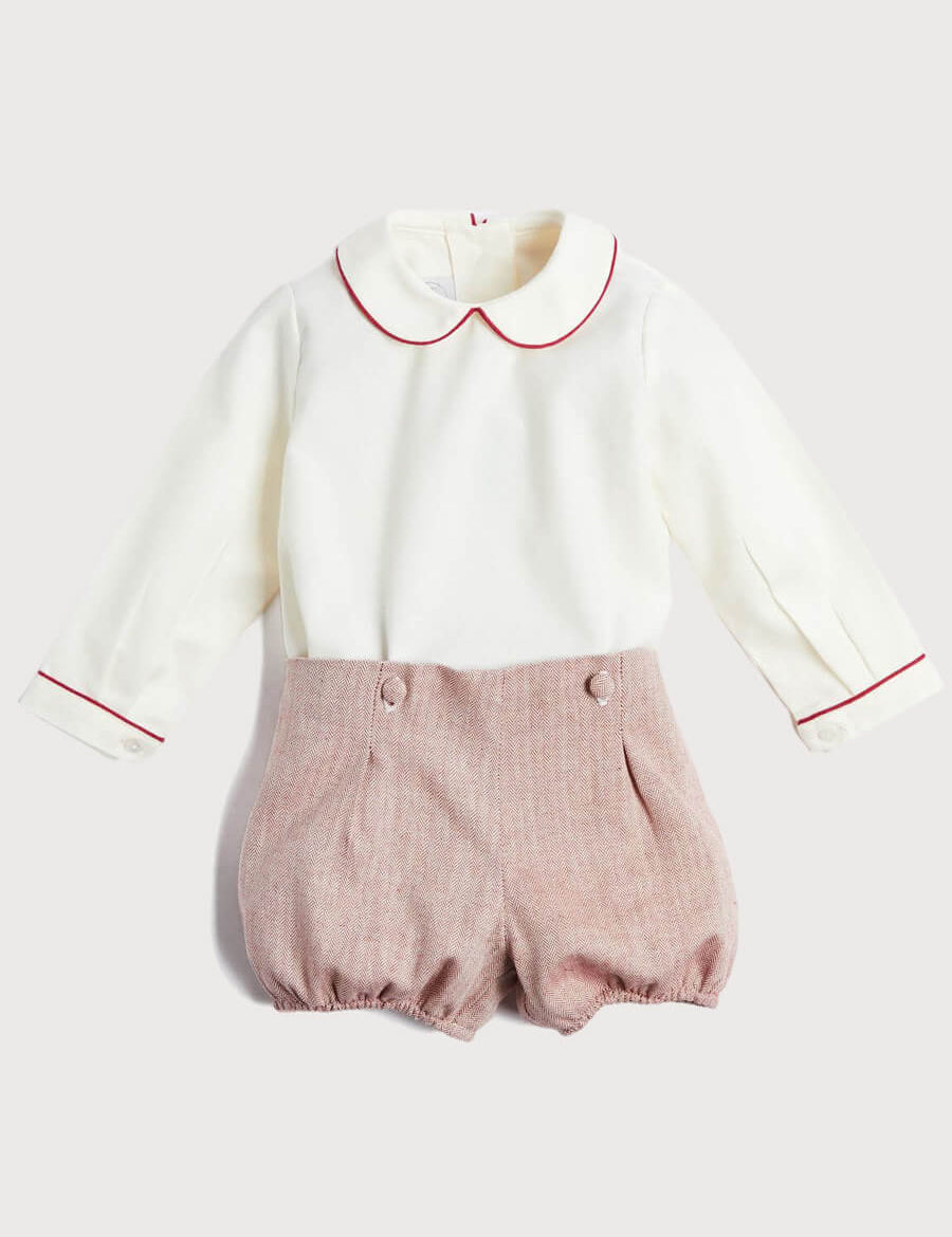 Herringbone Peter Pan Collar Long Sleeve Two Piece Set in Red (6mths-2yrs) Sets  from Pepa London