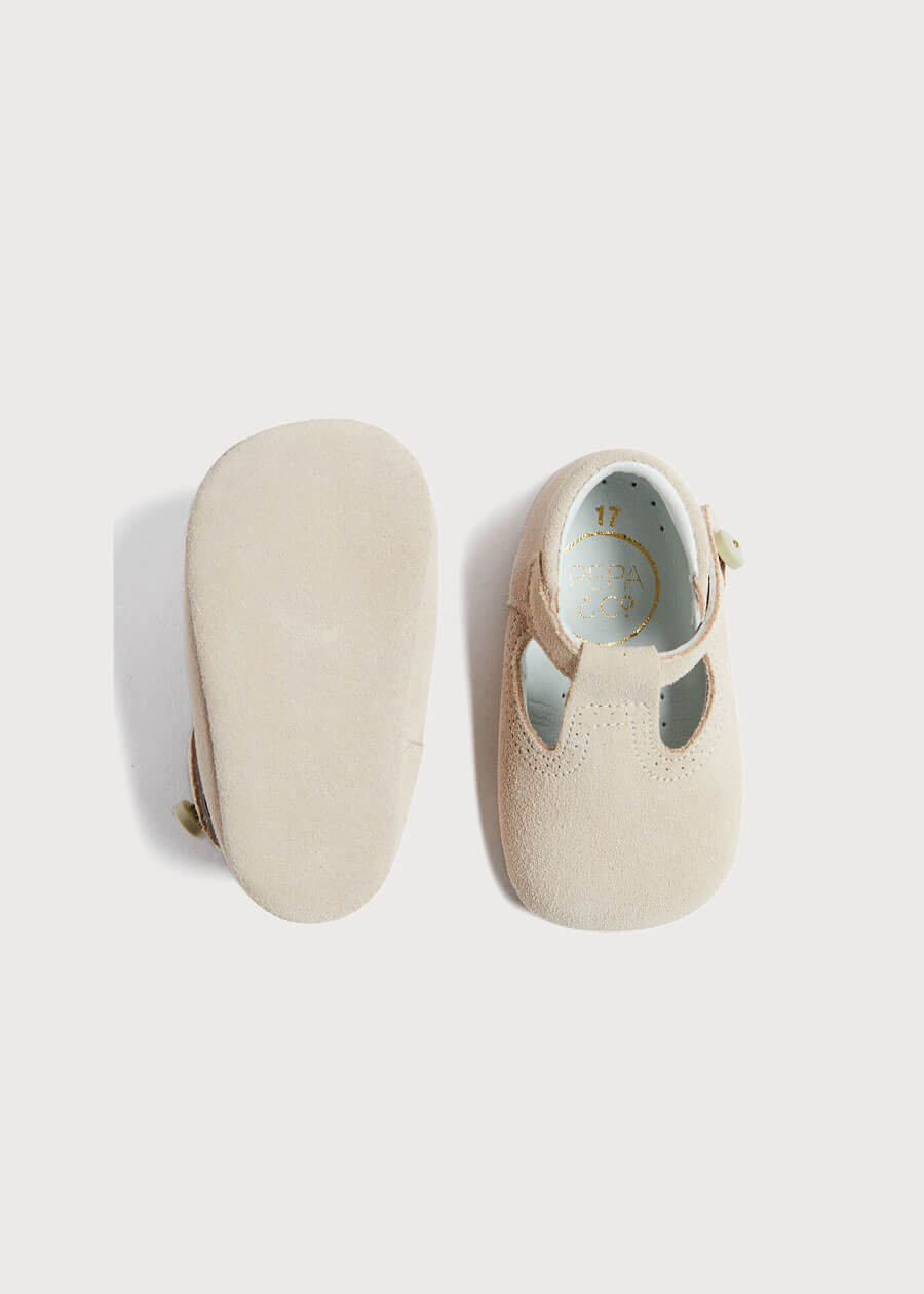 Suede T-Bar Pram Shoes in Beige (17-20EU) Shoes  from Pepa London