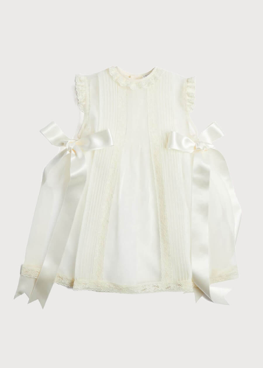 Lace Trim Fine Pleated Dress in Ivory (3mths-5yrs) Dresses from Pepa London