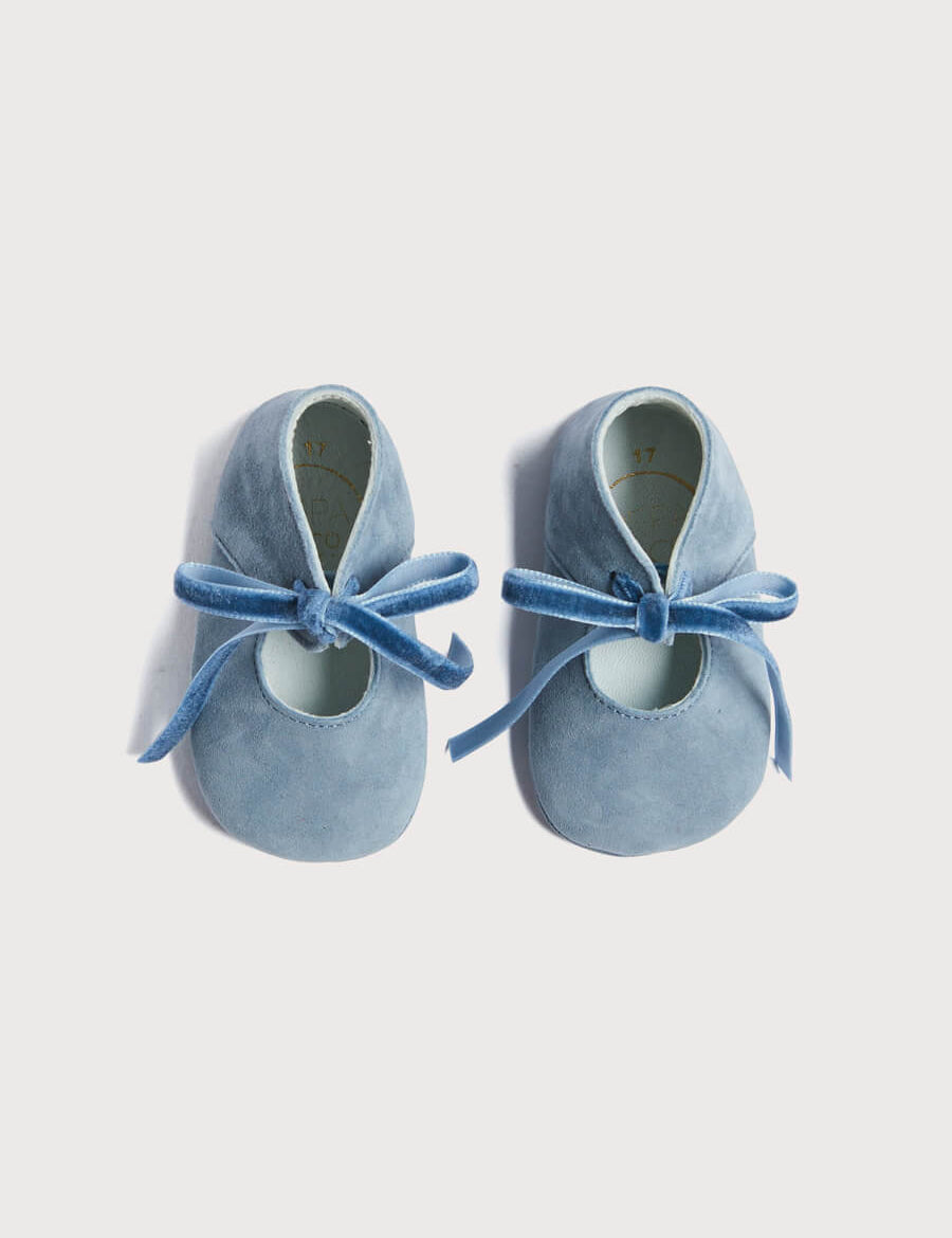 Suede Velvet Ribbon Pram Shoes in Blue (17-21 EU) Shoes from Pepa London